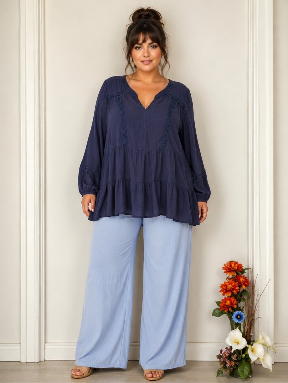 Zac & Rachel | Navy Peasant Tunic Tiered Top  Plus